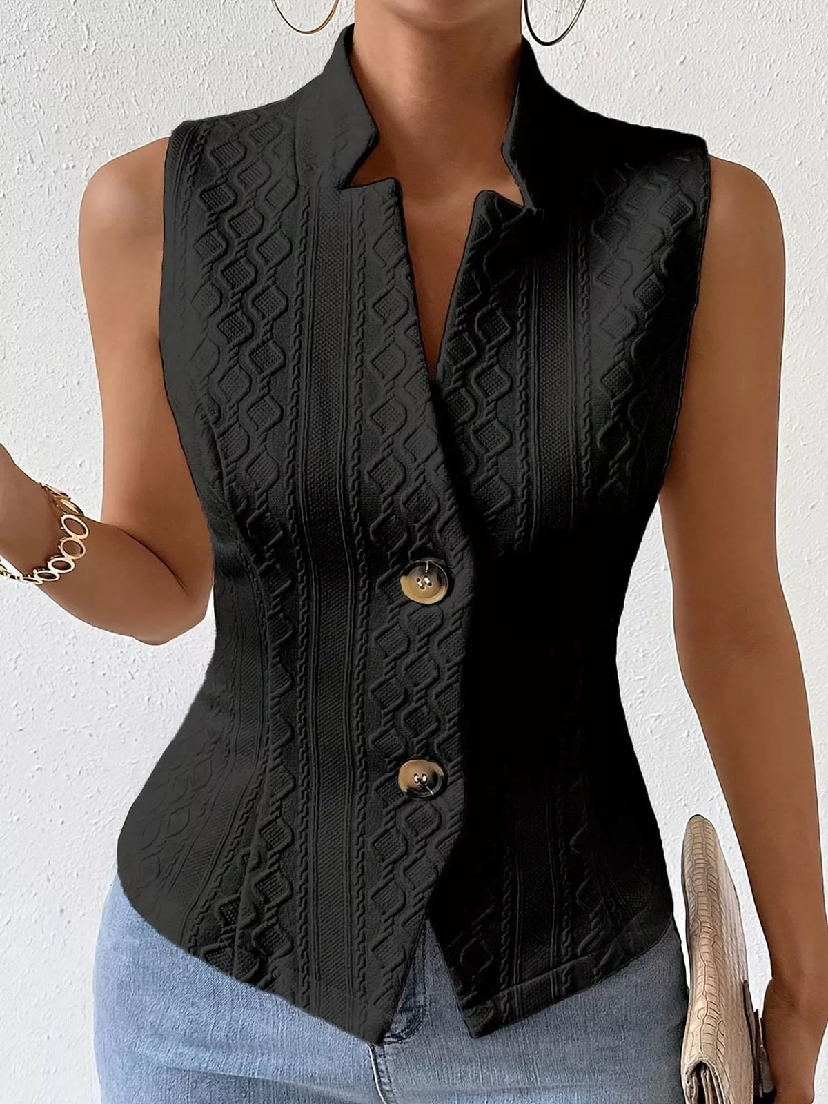 textured single-breasted vest coat – buttoned closure | dropsona - neutral - size reference