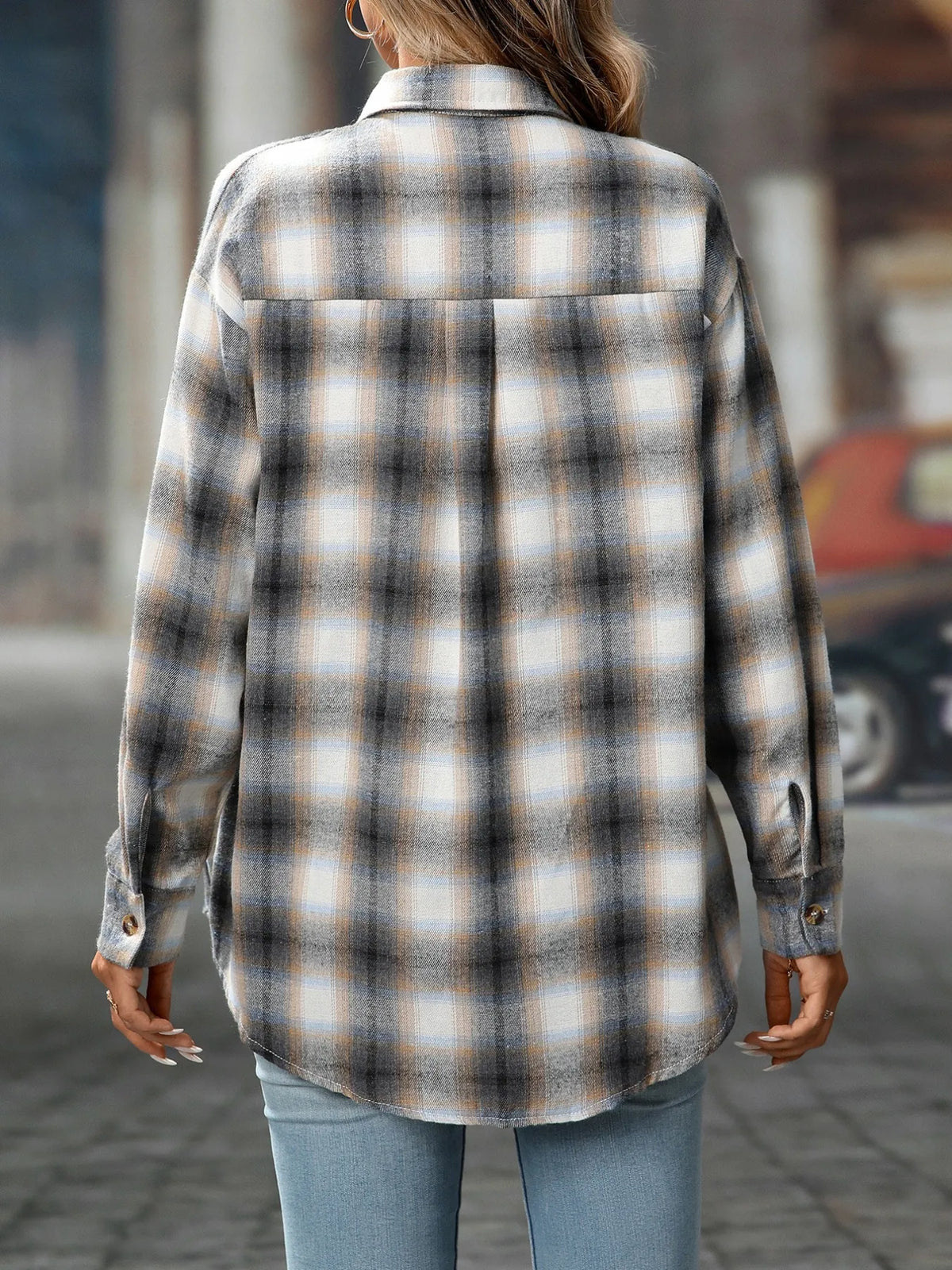 oversized plaid button-up shirt - front view