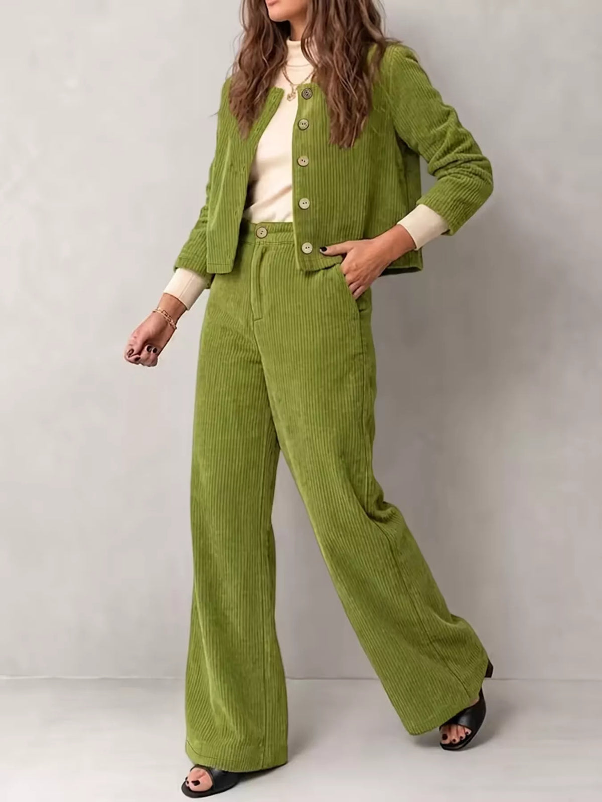 full size corduroy button-down jacket and wide-leg | dropsona - neutral - close-up detail