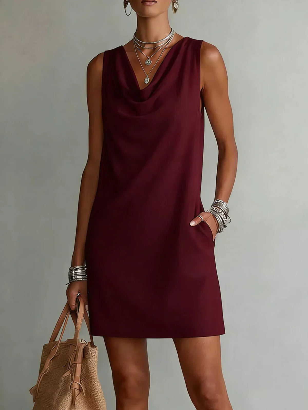 full size sleeveless cowl neck mini dress plus | dropsona - neutral - size reference