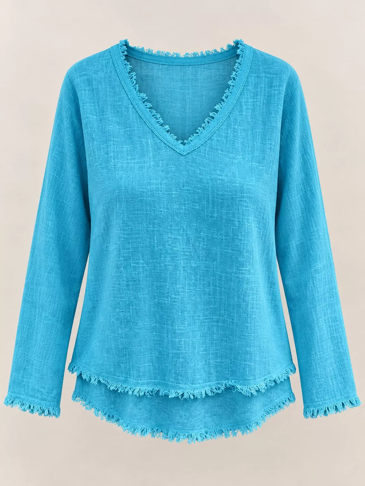 full size frayed hem v-neck blouse plus | dropsona - neutral - material texture