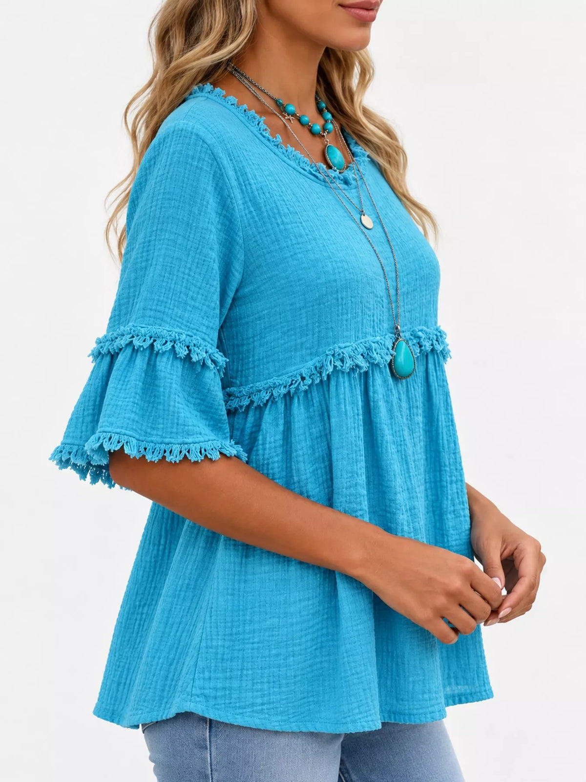 full size frayed edge textured blouse plus | dropsona - neutral - close-up detail