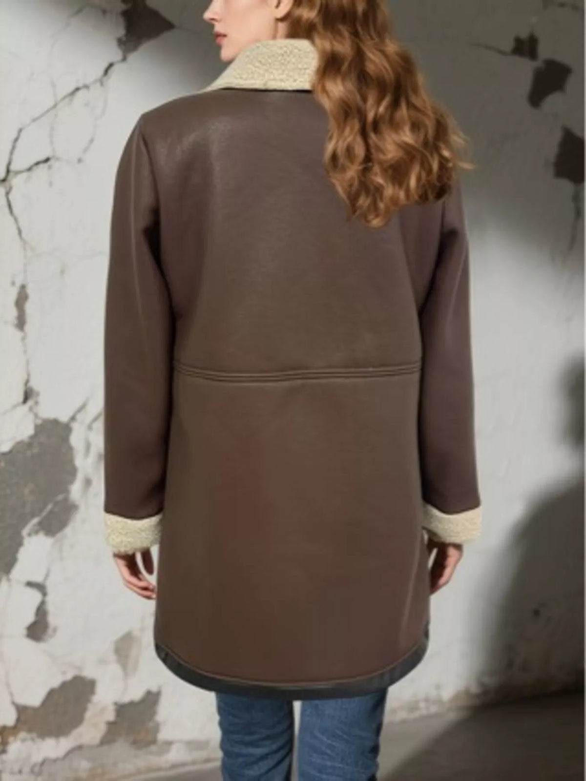 zip up sherpa leather outerwear – pocketed,zipper | dropsona - neutral - close-up detail