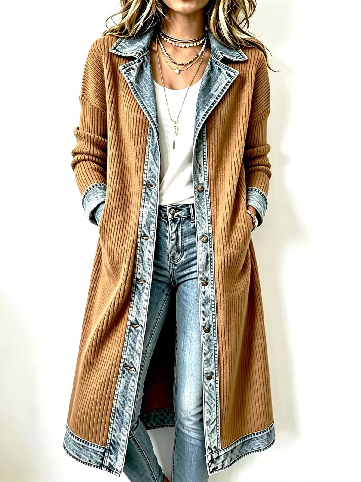 full size denim-trimmed ribbed knit longline cardigan | dropsona - neutral - material texture