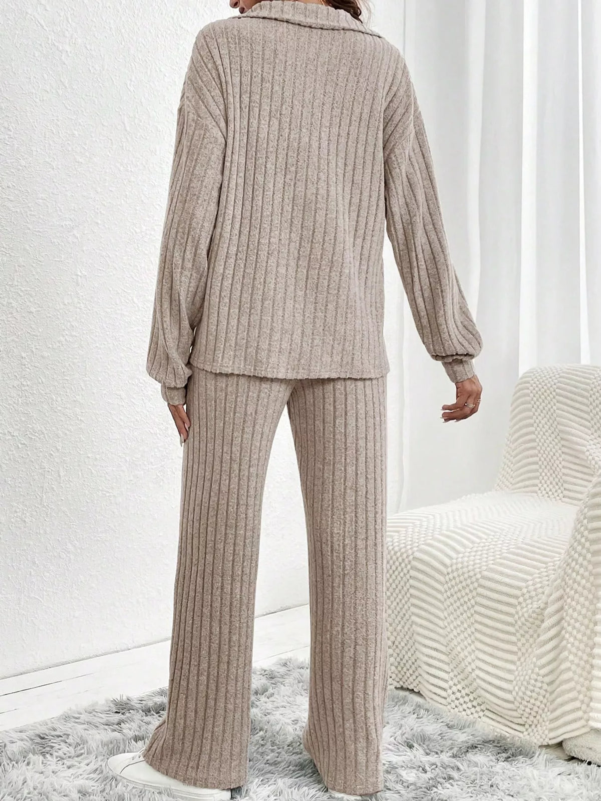 ribbed knit collared top and wide leg pants set | dropsona - neutral - usage example