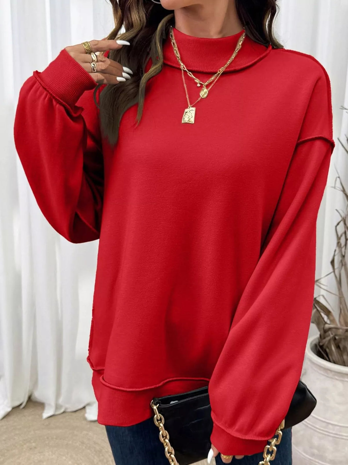 mock neck long sleeve sweatshirt | dropsona polyester 70% - neutral - close-up detail