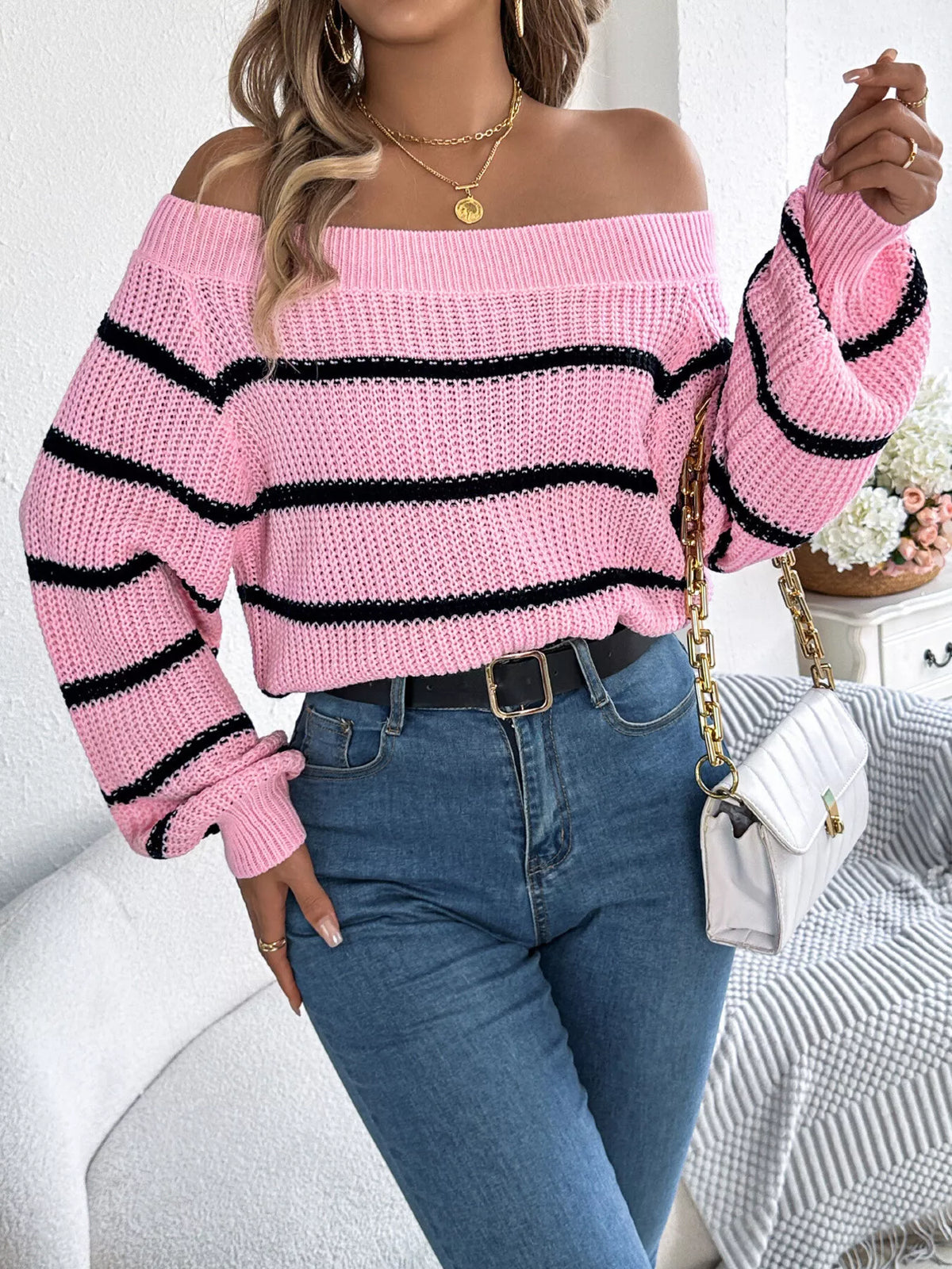off-shoulder striped contrast sweater – basic style | dropsona - neutral - usage example