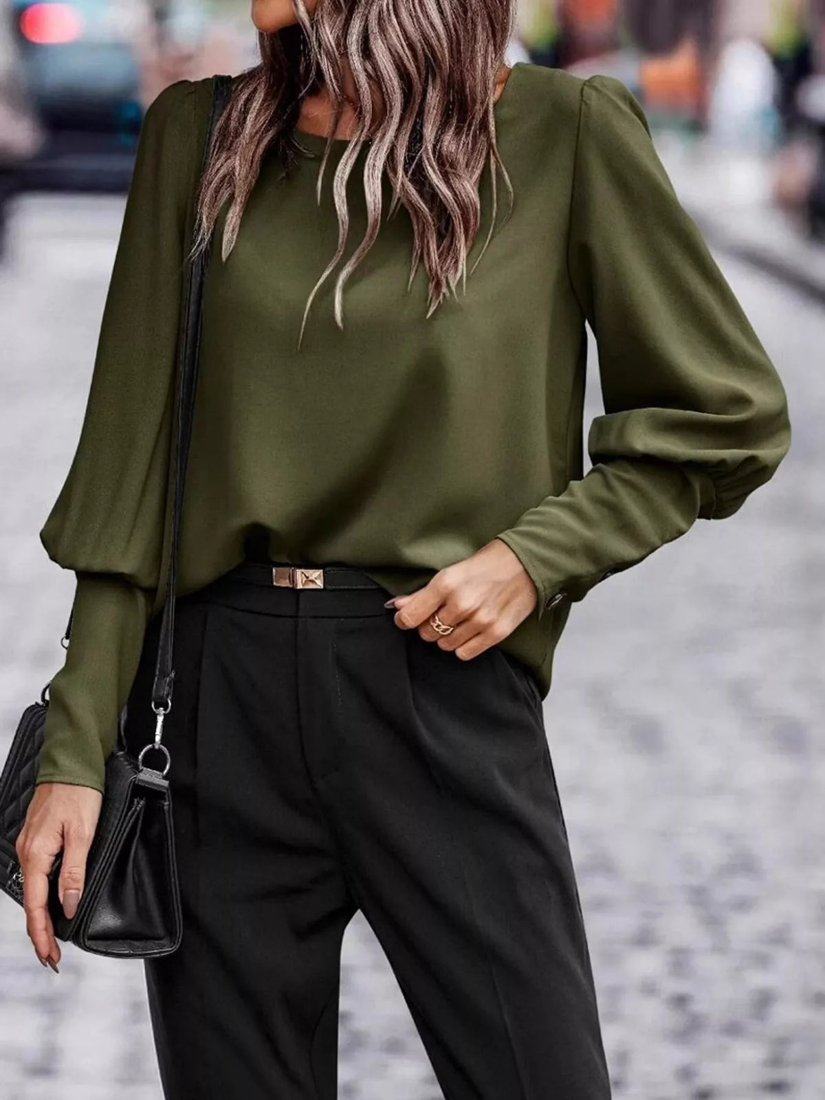 decorative button lantern sleeve blouse | dropsona - neutral - close-up detail
