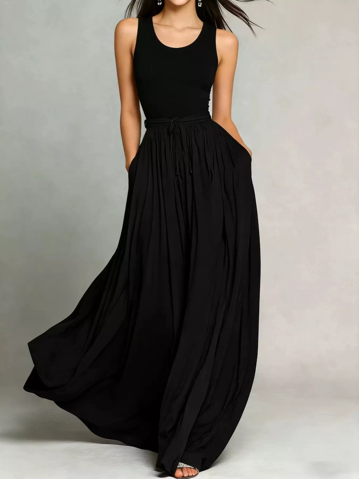 sleeveless solid color maxi dress | dropsona - neutral - close-up detail