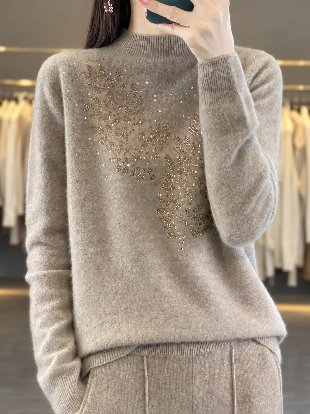 rhinestone leaf mock neck sweater | dropsona polyester - neutral - close-up detail