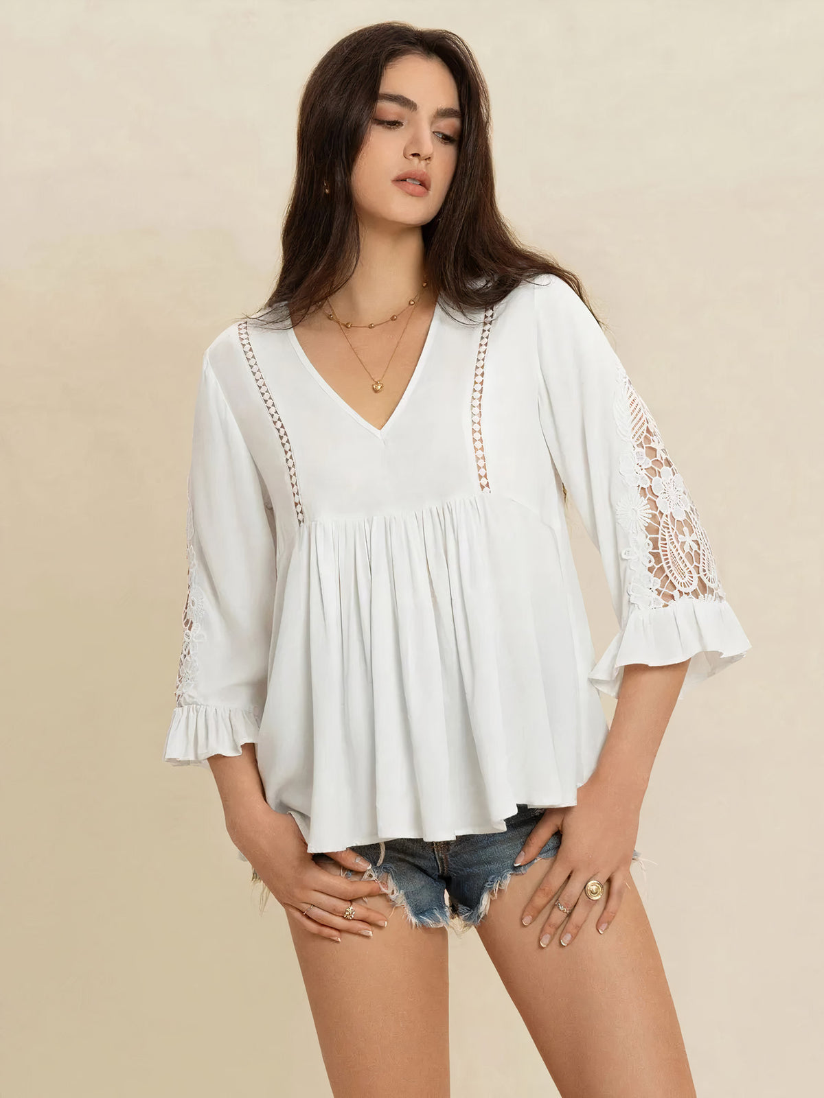 v-neck lace flounce sleeve top - everyday wear