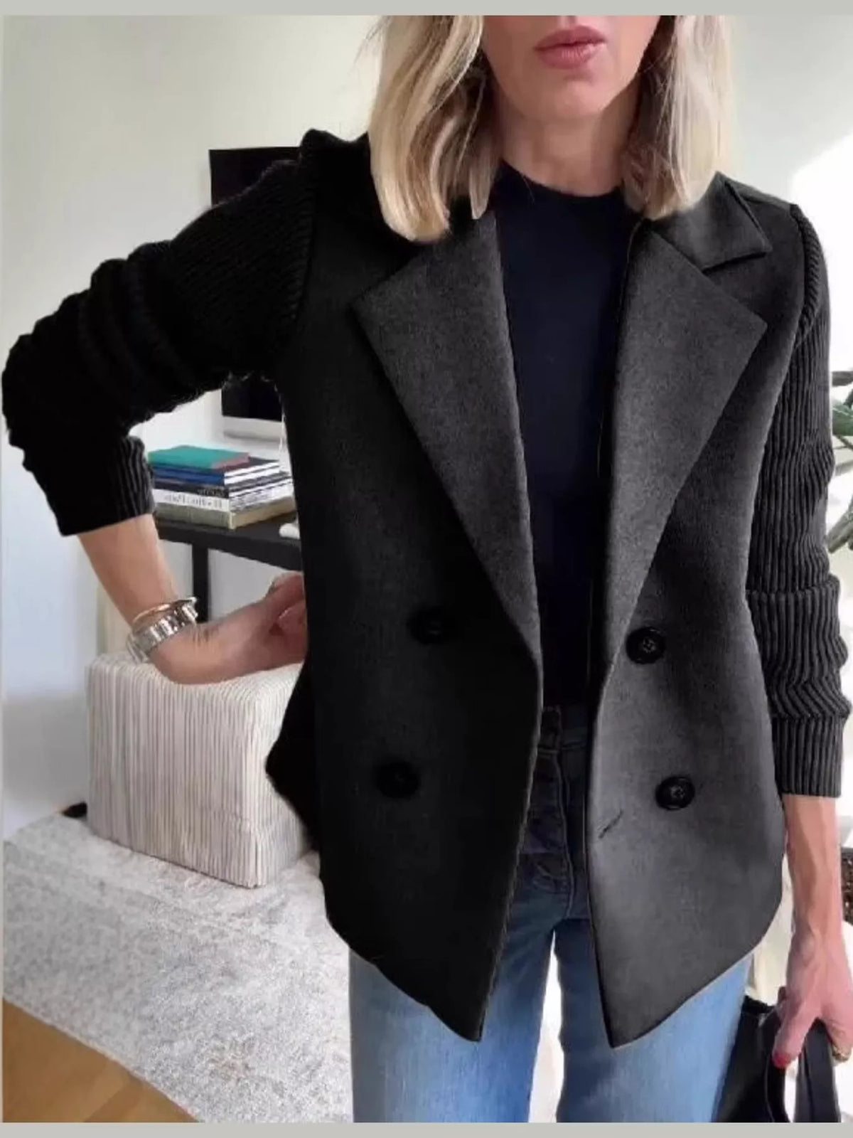 full size double-breasted lapel collar blazer plus | dropsona - neutral - material texture