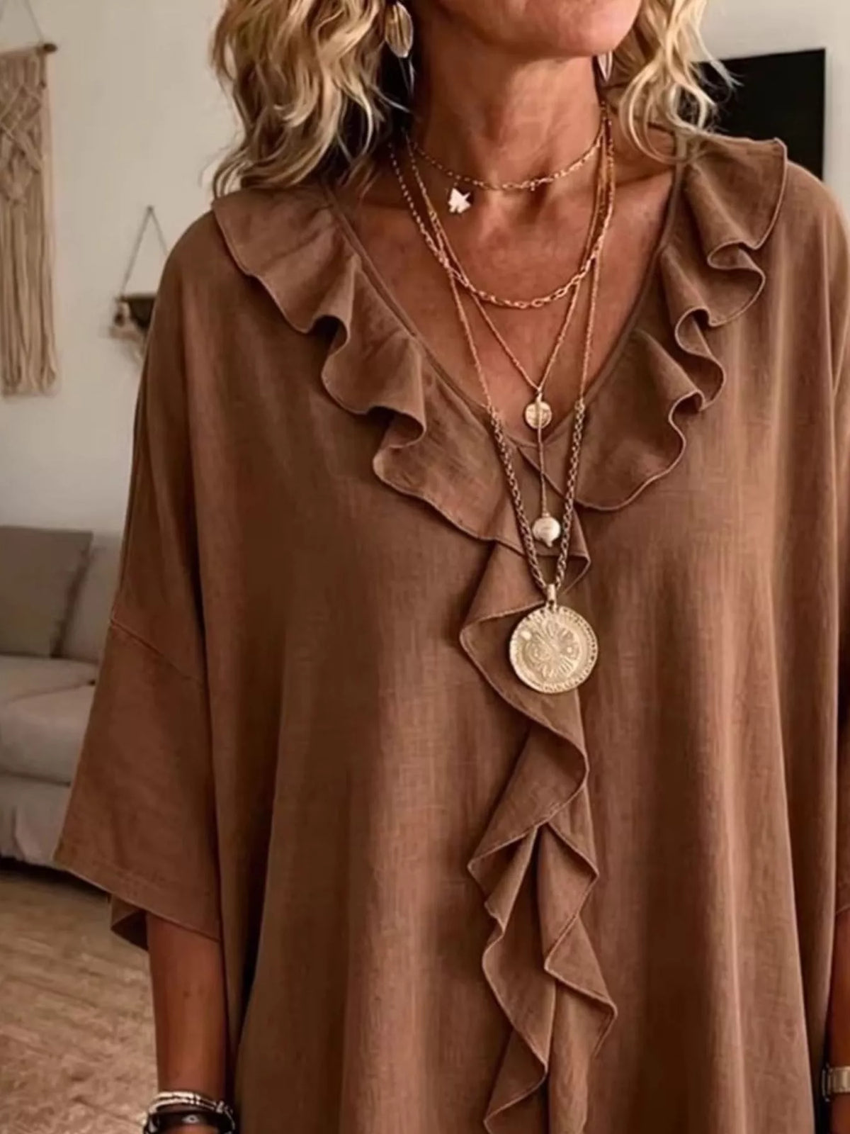 full size ruffle v-neck 3/4 sleeve blouse plus | dropsona - neutral - front view