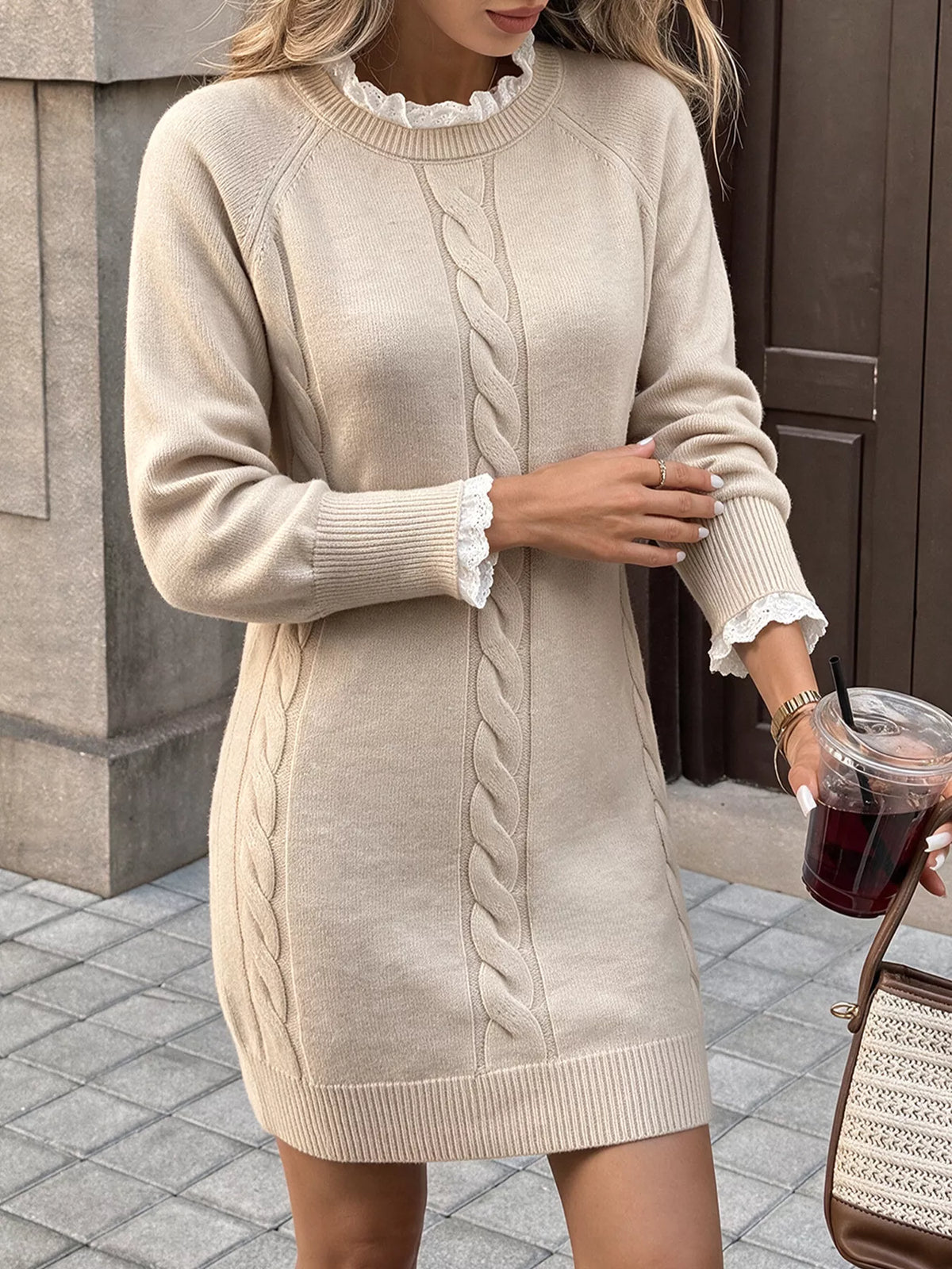 cable knit raglan sleeve sweater dress – basic style | dropsona - neutral - close-up detail