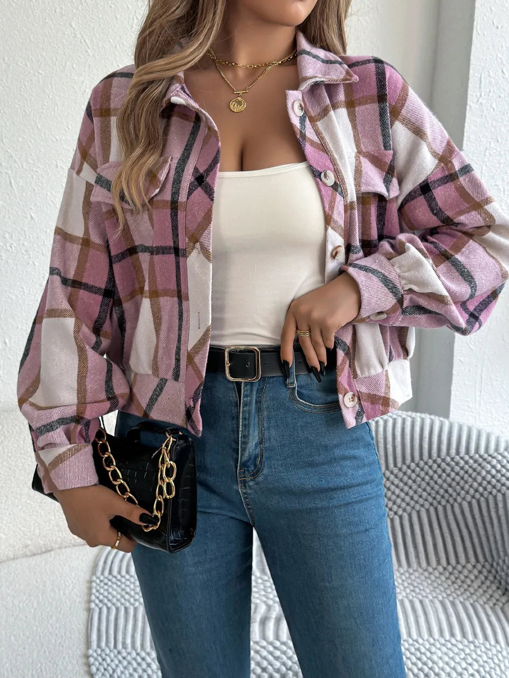 plaid button up long sleeve jacket – buttoned | dropsona - neutral - close-up detail