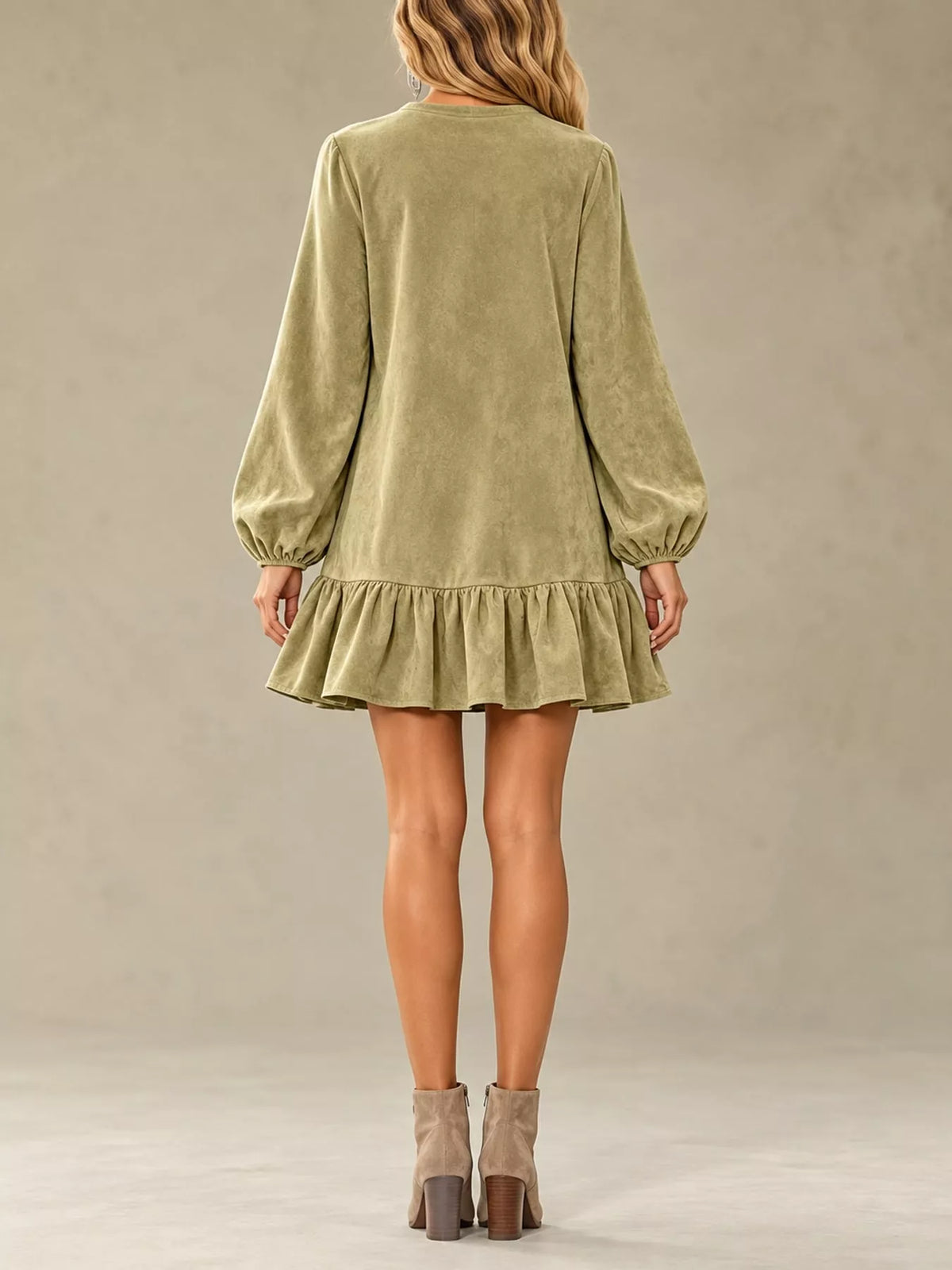 quarter-zip ruffle hem mini dress | dropsona - neutral - close-up detail
