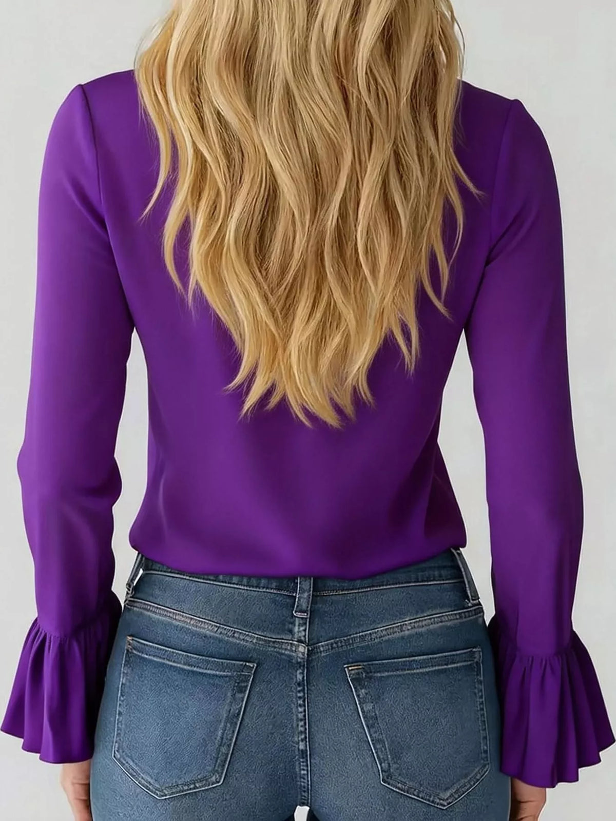 ruffled v-neck blouse with bell sleeves | dropsona - neutral - size reference