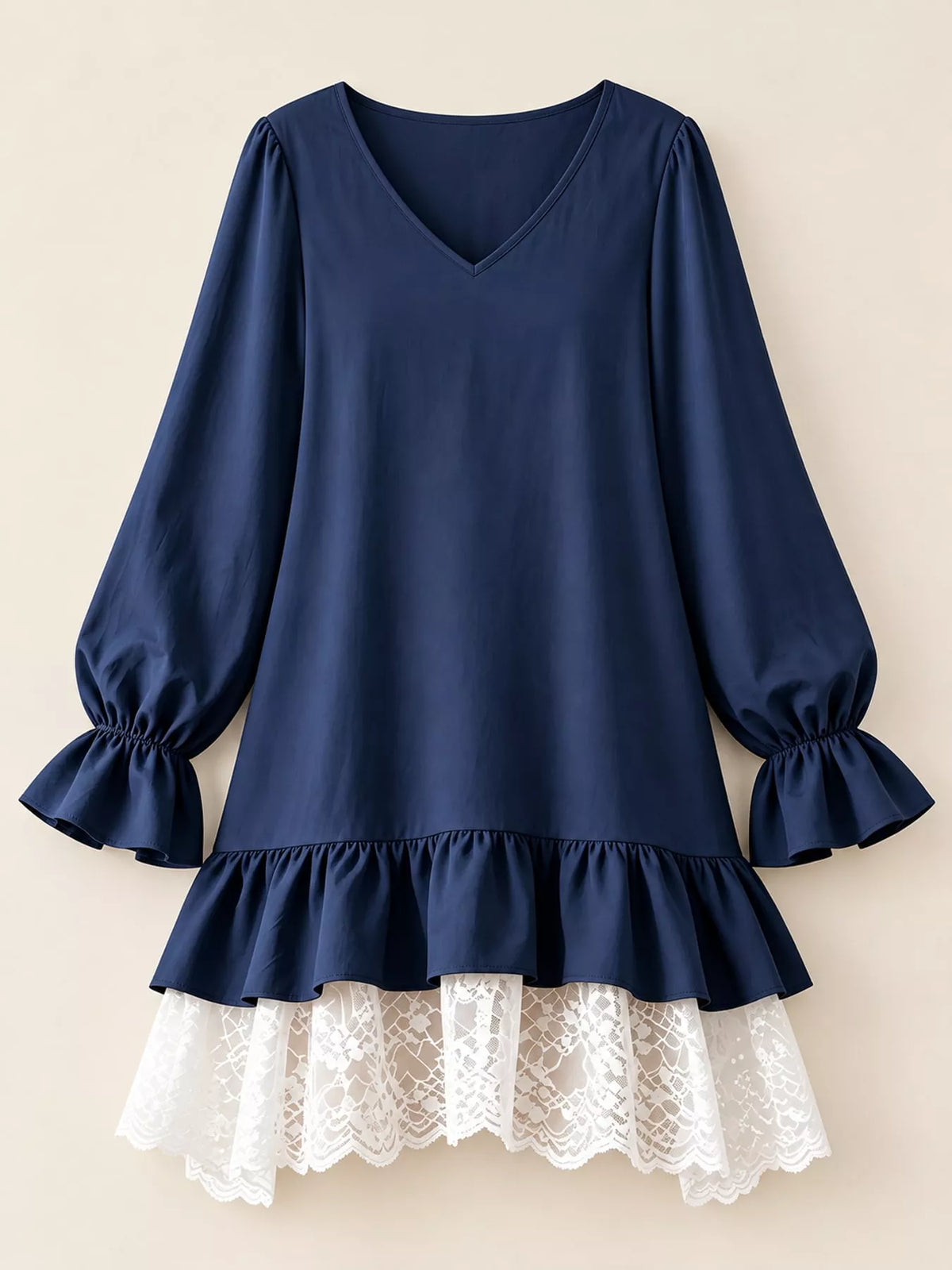 lace hem v-neck flounce sleeve dress | dropsona - neutral - close-up detail
