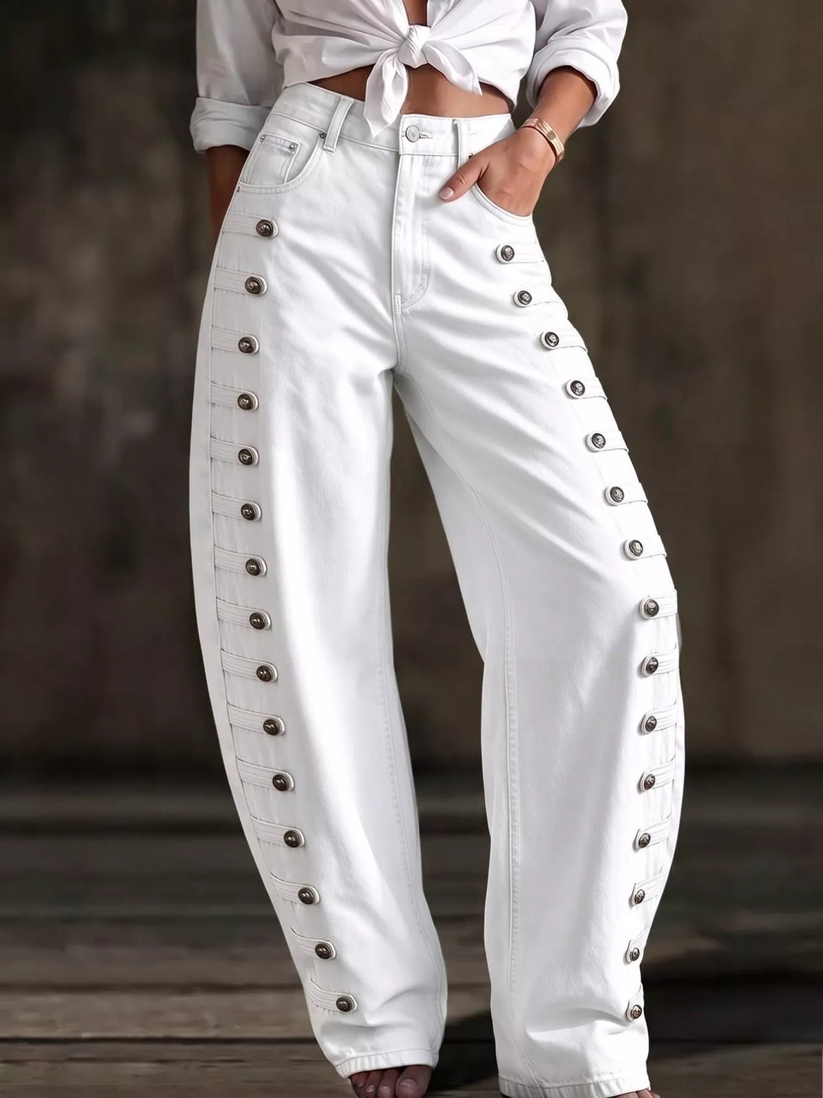 decorative button wide leg jeans – buttoned,pocketed | dropsona - neutral - usage example