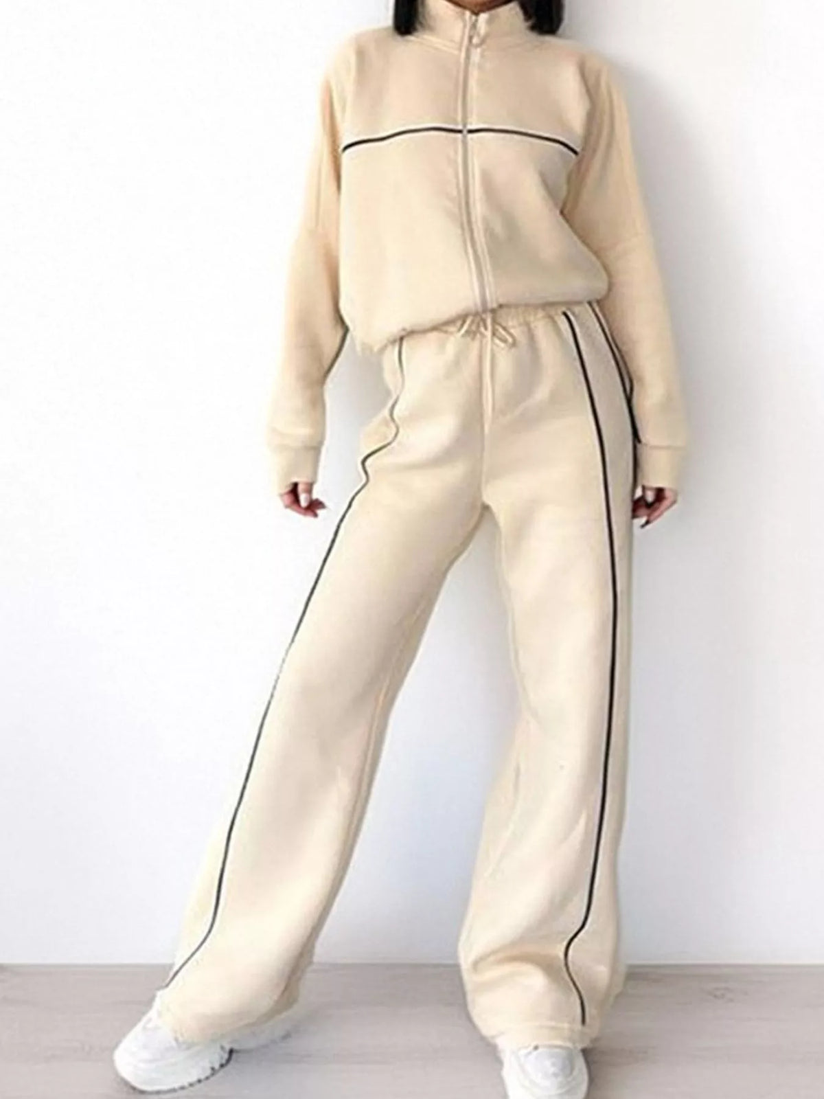full size zip-up jacket and wide-leg pants set plus | dropsona - neutral - size reference