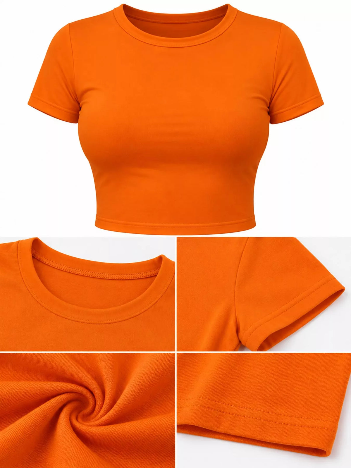 slim fit basic crew neck short sleeve crop t-shirt | dropsona - neutral - close-up detail