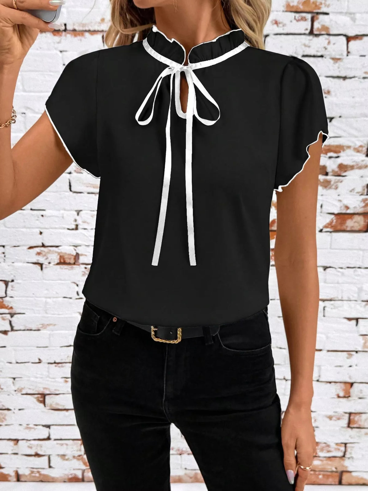 contrast trim ruffle sleeve tie-front blouse | dropsona - neutral - material texture