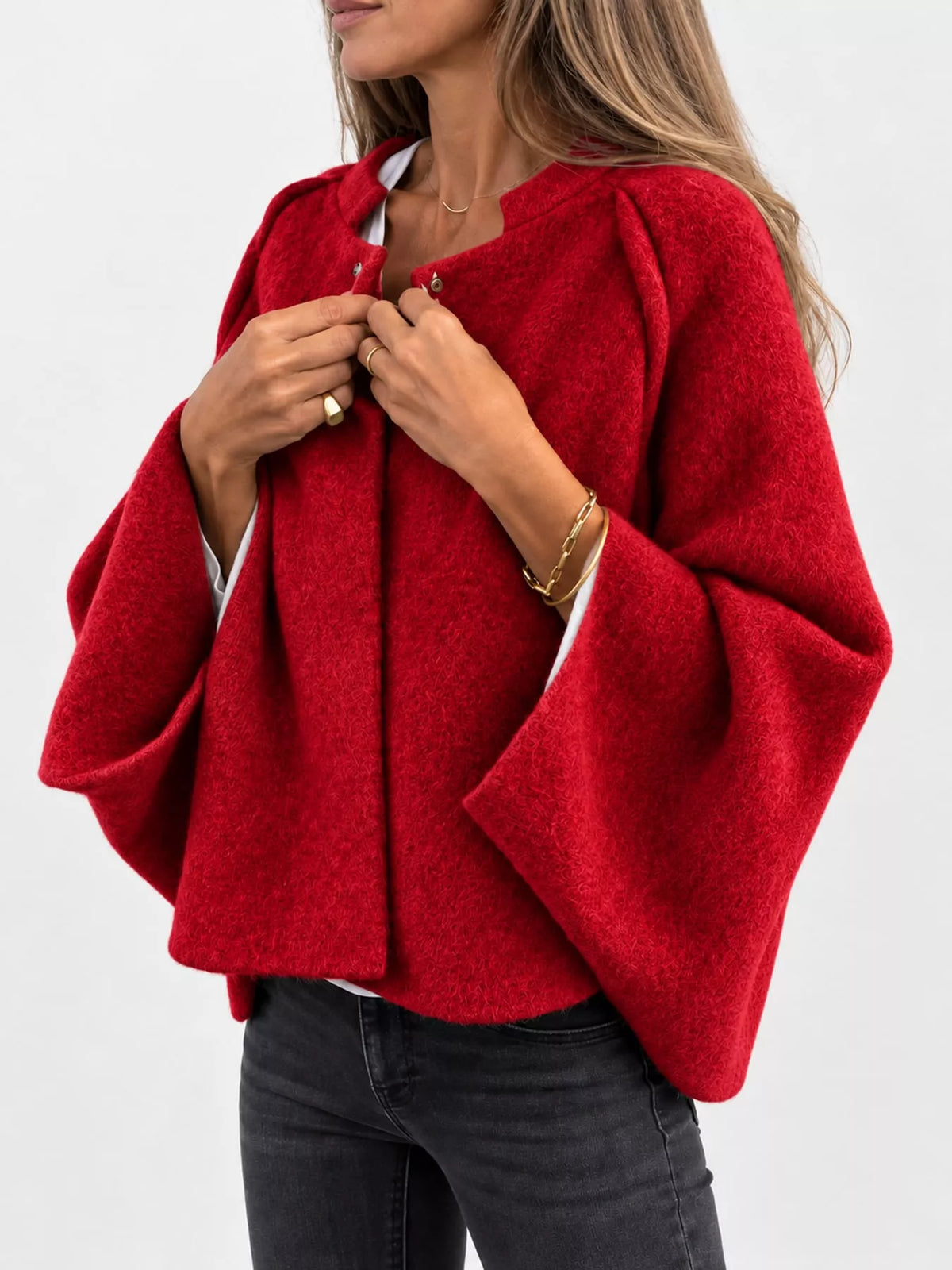 full size fuzzy texture open-front cropped outerwear | dropsona - neutral - close-up detail