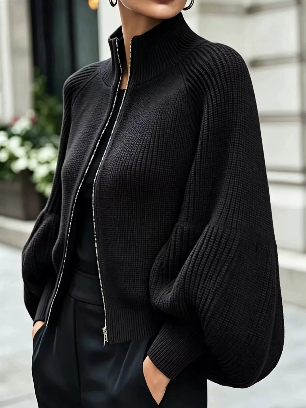 full size elegant ribbed knit zip-up cardigan with | dropsona - neutral - front view
