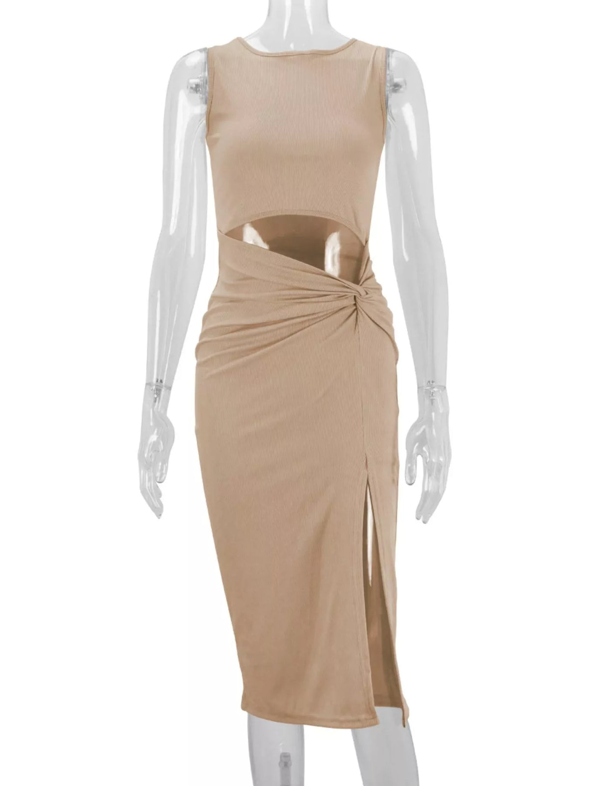 sleeveless cut-out ruched high-slit bodycon dress | dropsona - neutral - size reference