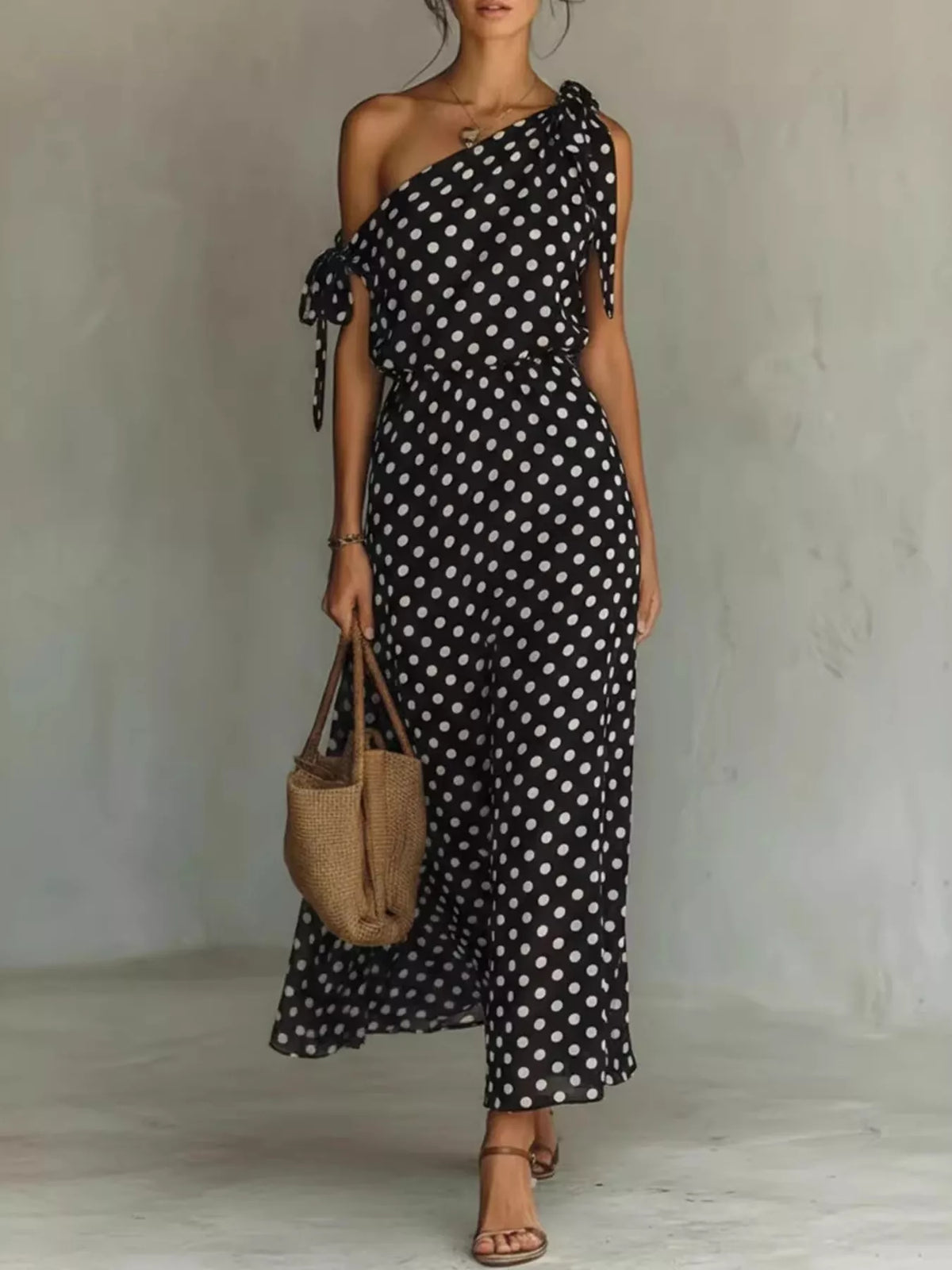 full size polka dot one-shoulder maxi dress plus | dropsona - neutral - everyday use