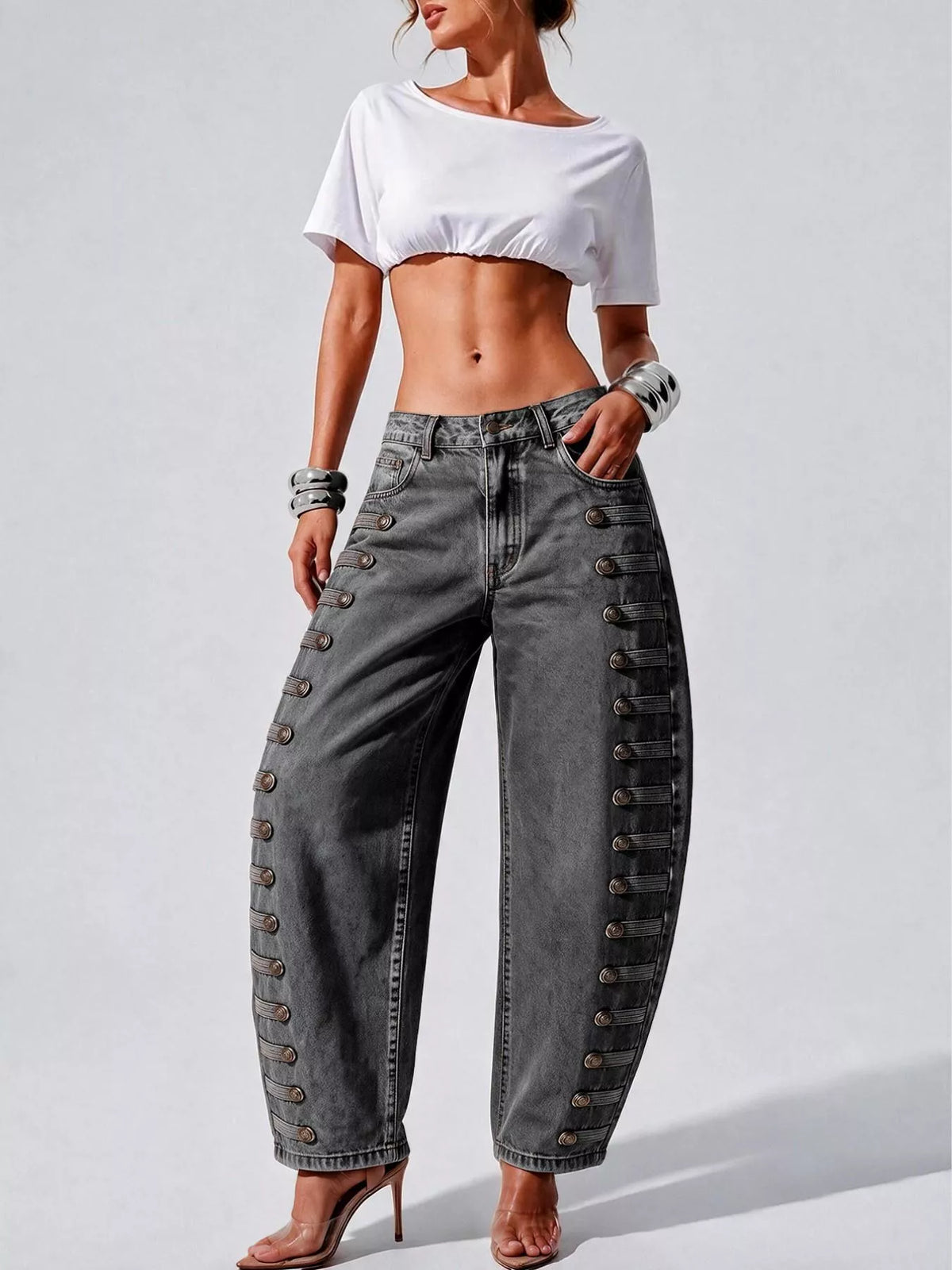 decorative button wide leg jeans – buttoned,pocketed | dropsona - neutral - close-up detail