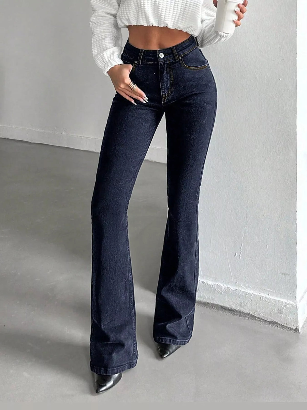 high-waisted slim-fit flared jeans | dropsona - neutral - front view
