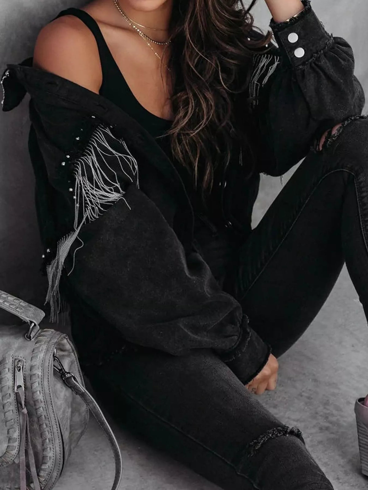 full size fringe embellished washed denim jacket plus | dropsona - neutral - usage example