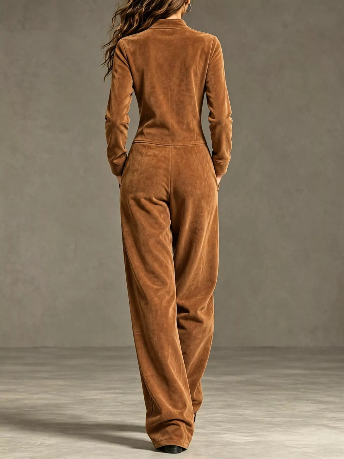 full size chic velour zip-up jumpsuit with pockets | dropsona - neutral - usage example