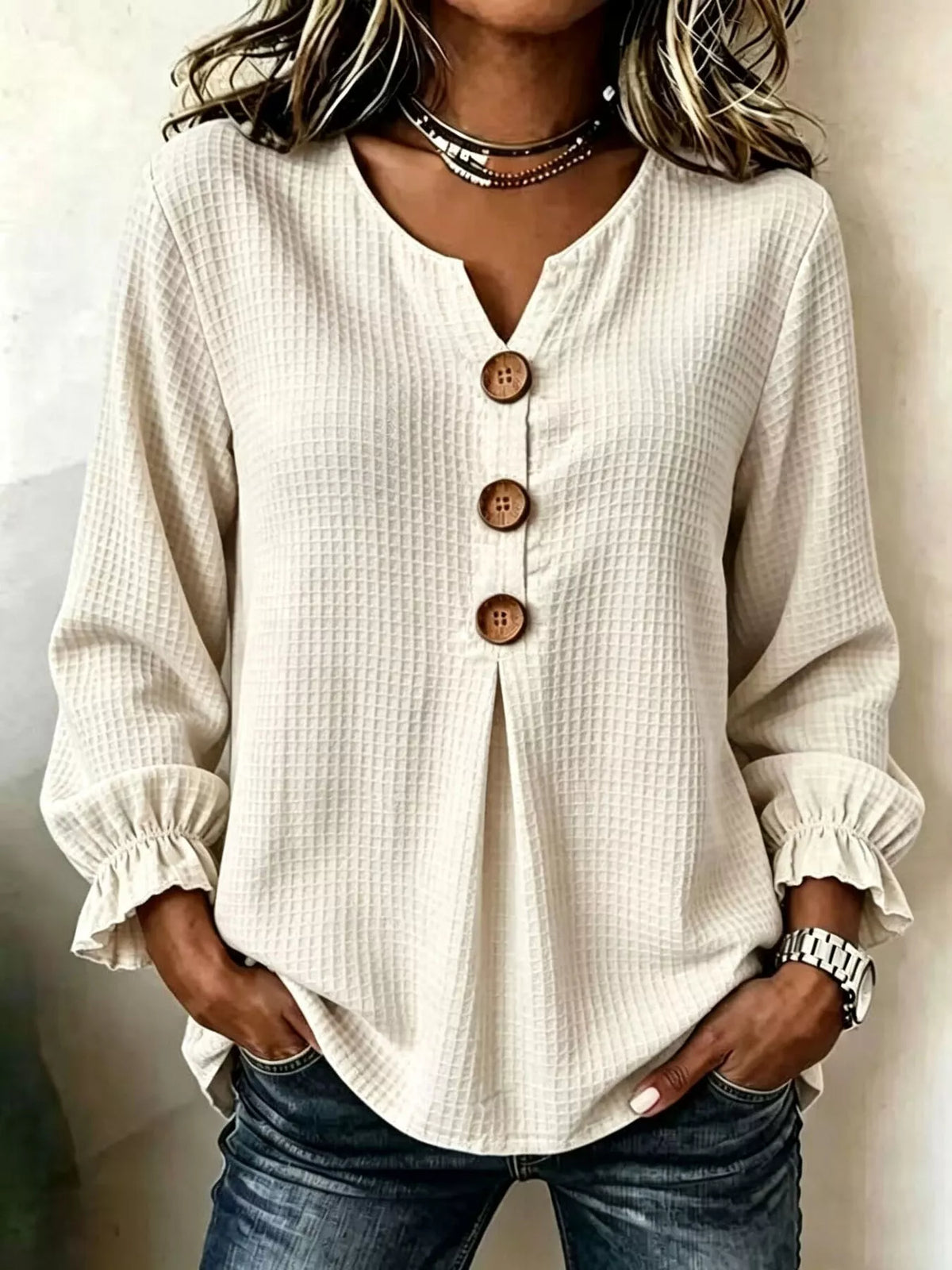 waffle knit long sleeve top | dropsona - neutral - size reference