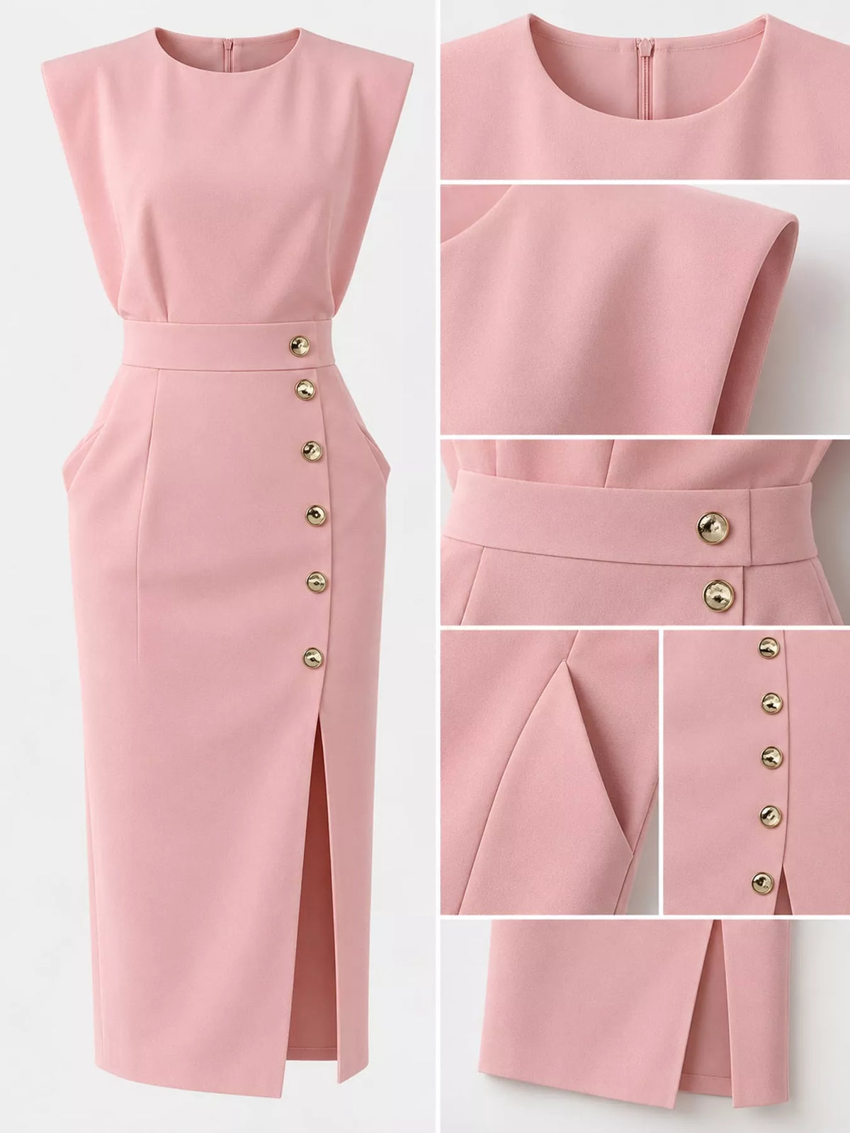 sleeveless midi dress with gold button detail and | dropsona - neutral - close-up detail
