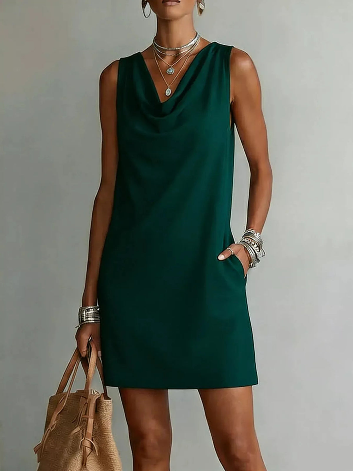 full size sleeveless cowl neck mini dress plus | dropsona - neutral - packaging