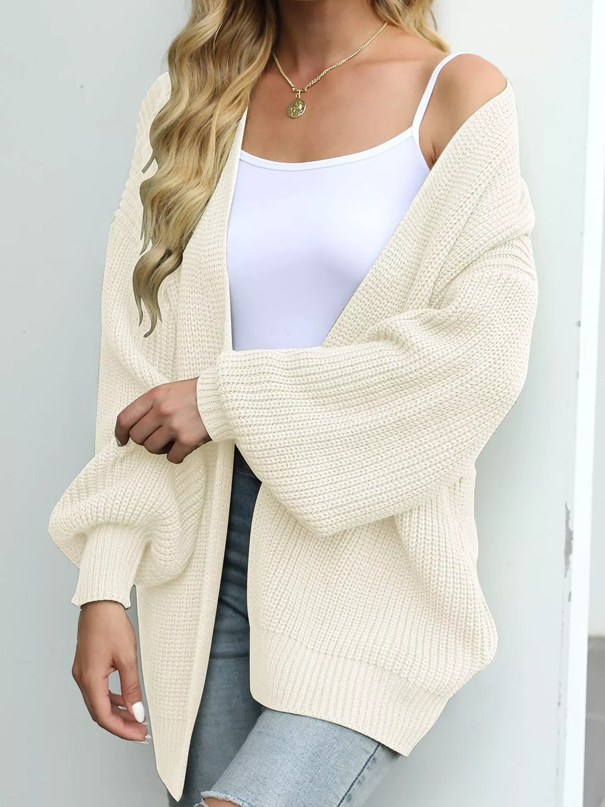 chunky knit open front cardigan with lantern sleeves | dropsona - neutral - front view