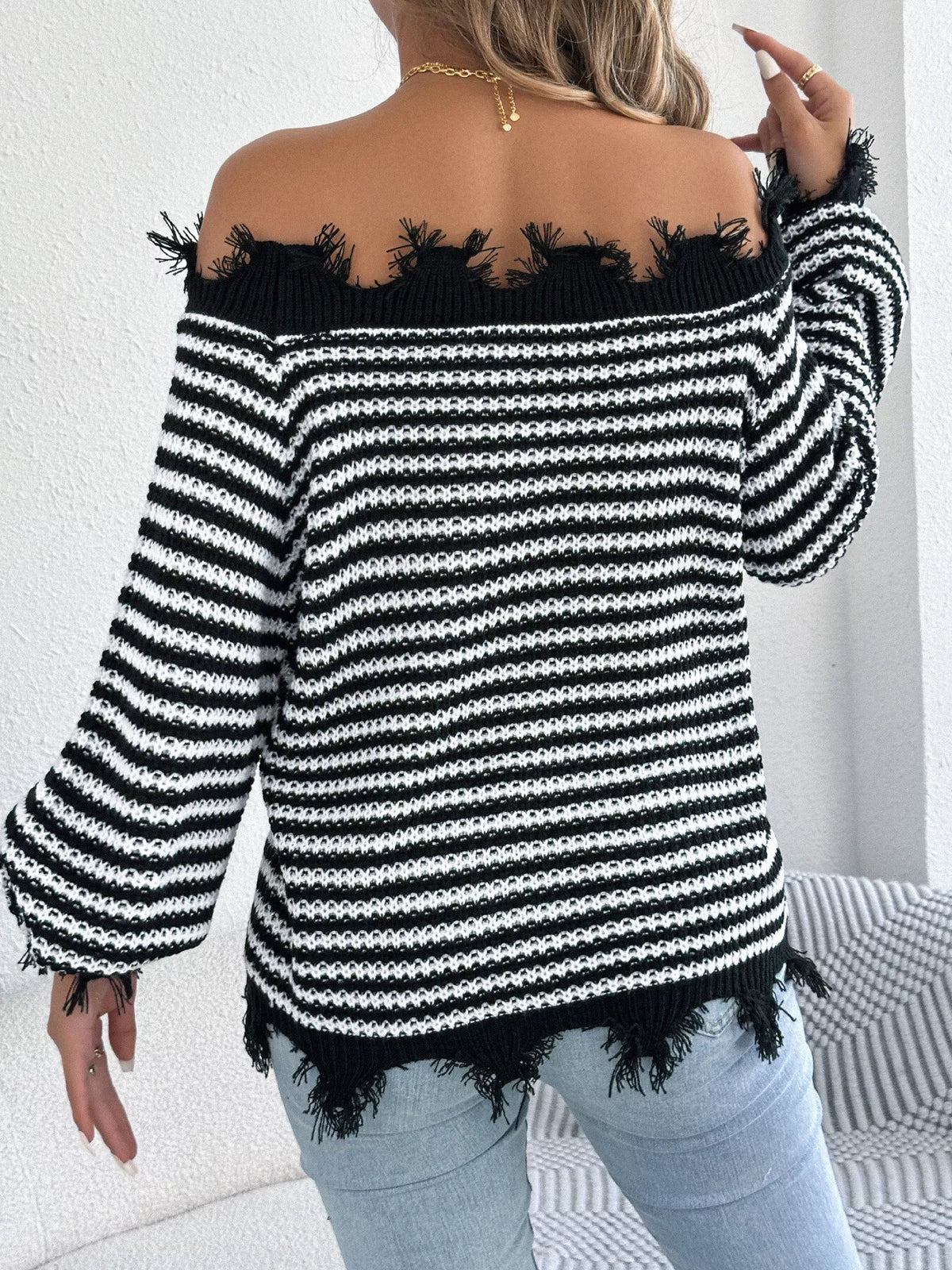 off-shoulder frayed hem striped sweater – raw | dropsona - neutral - packaging