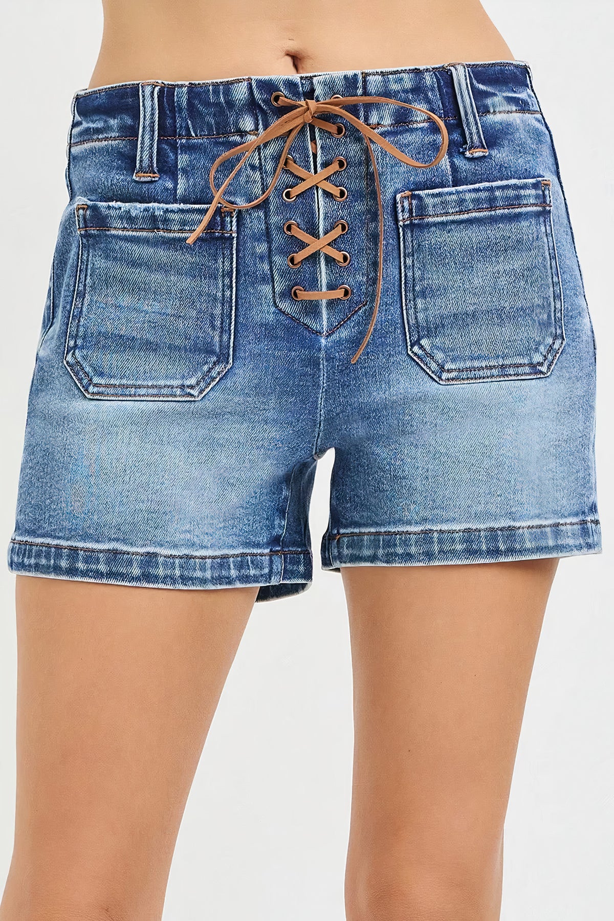 risen high rise front tie up shorts with patch pockets - everyday wear