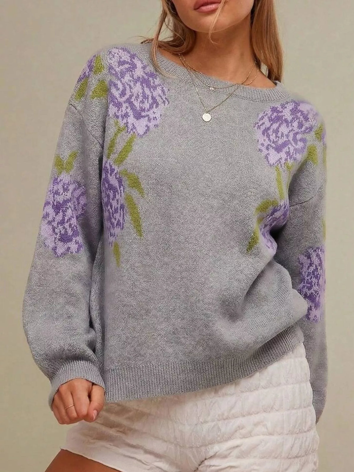 floral pattern dropped shoulder sweater – basic style | dropsona - neutral - packaging