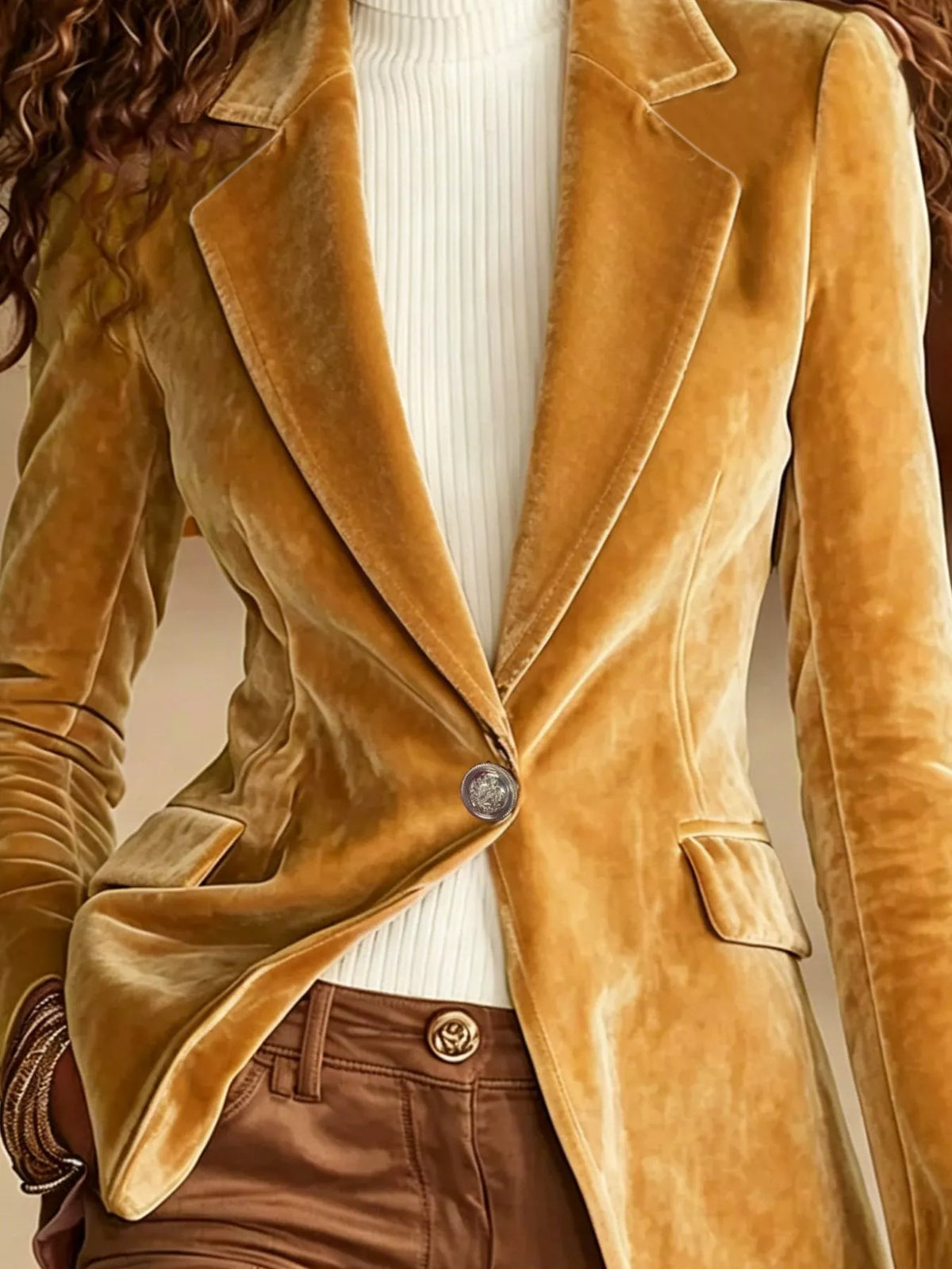 velvet one-button long sleeve blazer | dropsona - neutral - usage example