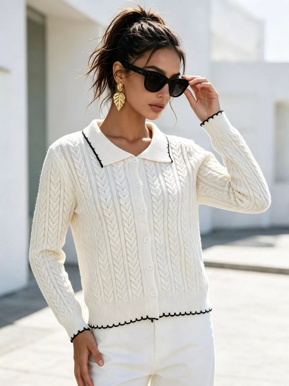 cable knit polo collar button-up cardigan | dropsona - neutral - packaging