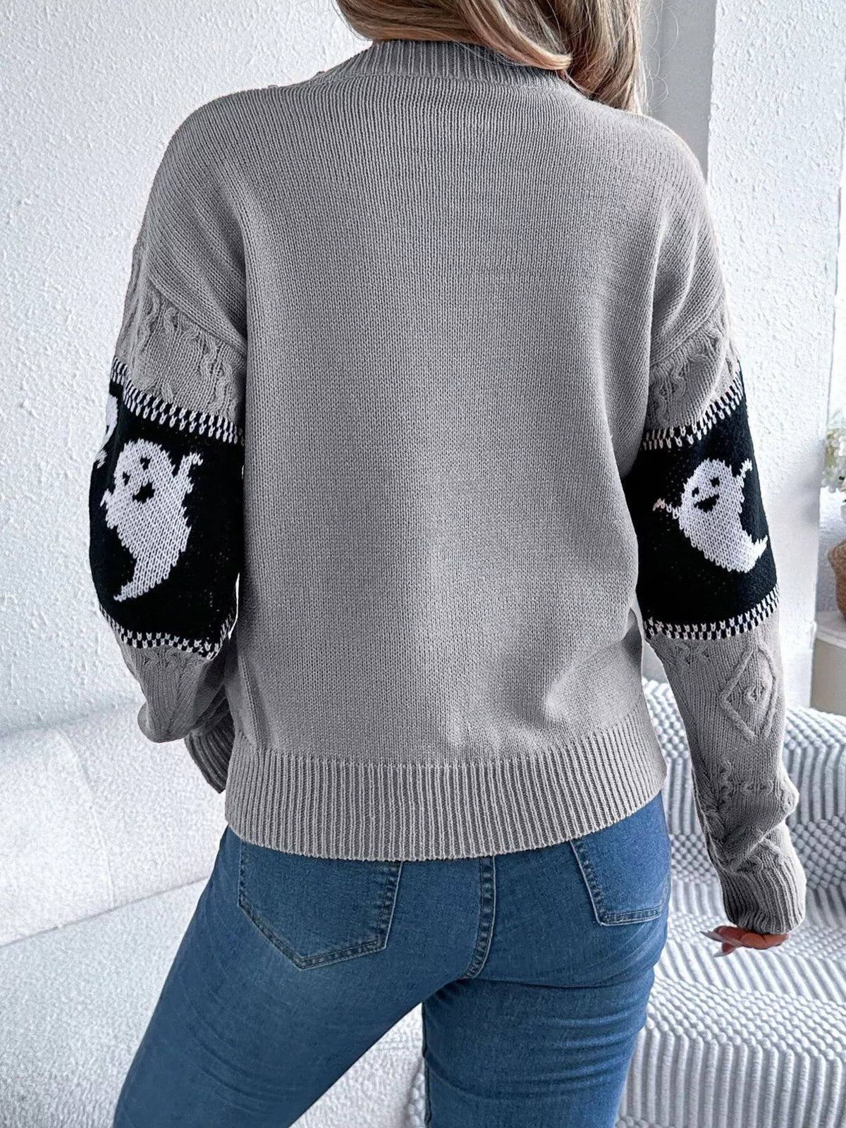 halloween ghost pattern textured sweater – cable-knit | dropsona - neutral - size reference