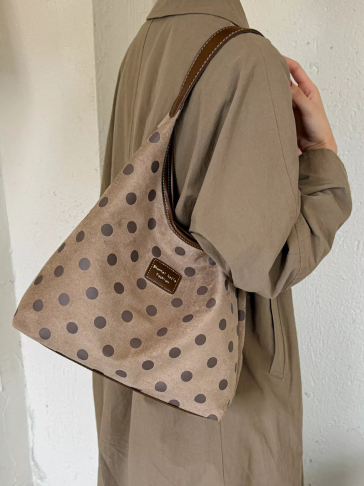 vintage polka dot suede shoulder bag – stylish sling | dropsona - neutral - usage example