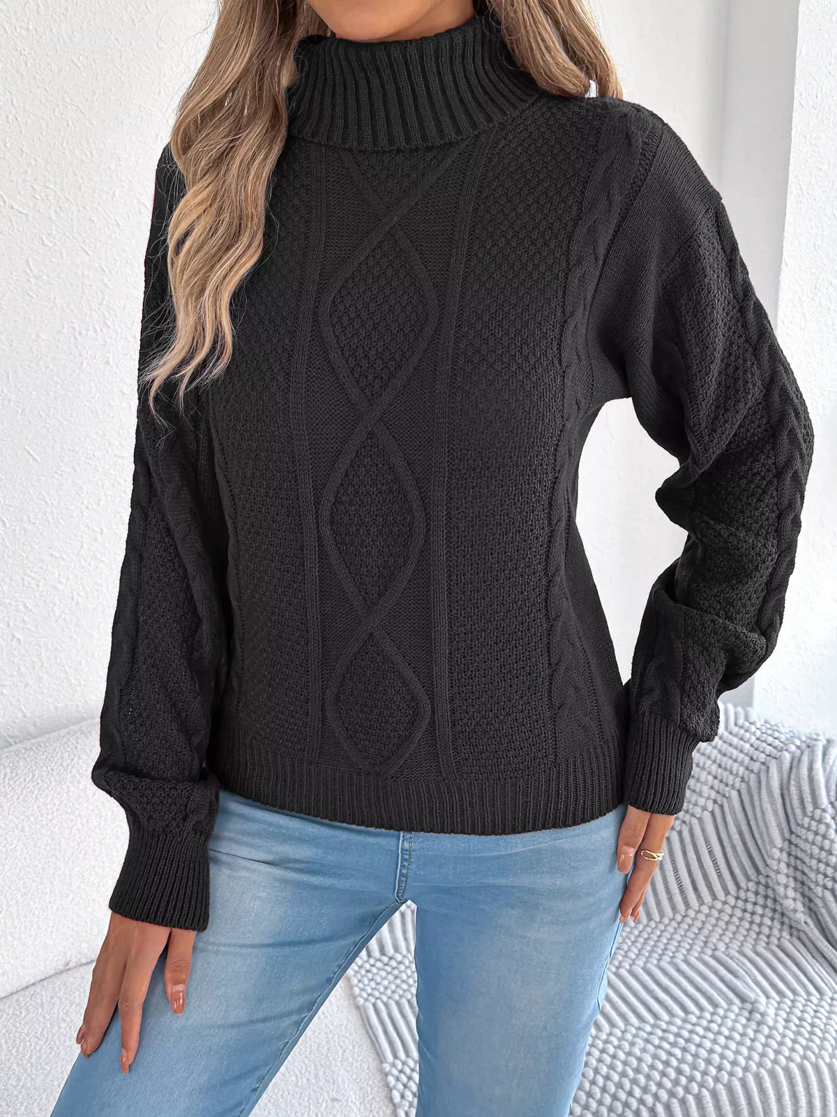 cable knit turtleneck sweater – basic style | dropsona - neutral - front view