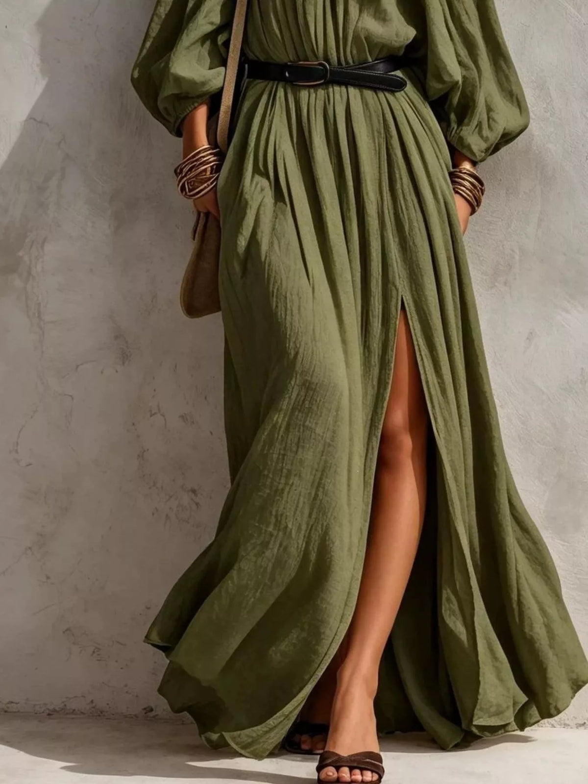 boho off-shoulder maxi dress with side slit | dropsona - neutral - close-up detail
