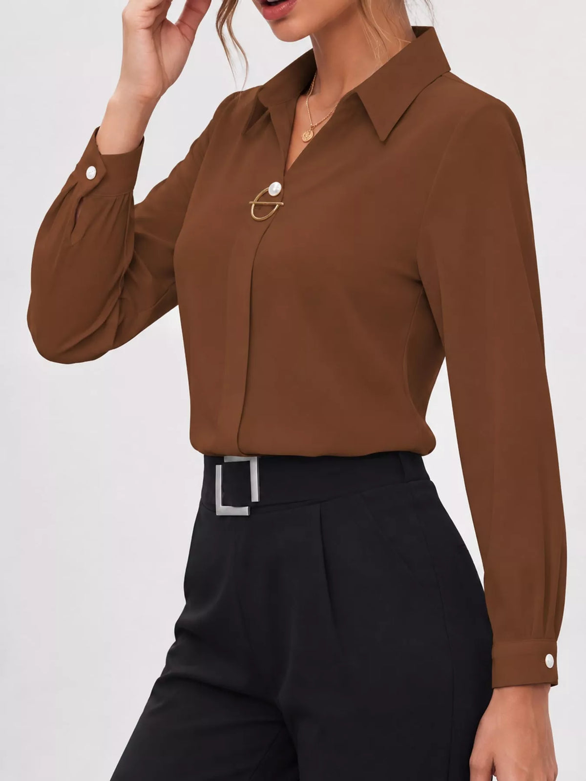 long sleeve satin blouse | dropsona - neutral - front view