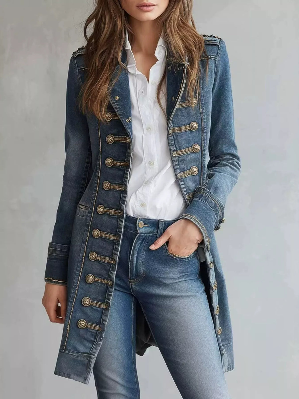 full size decorative button longline denim jacket | dropsona - neutral - everyday use