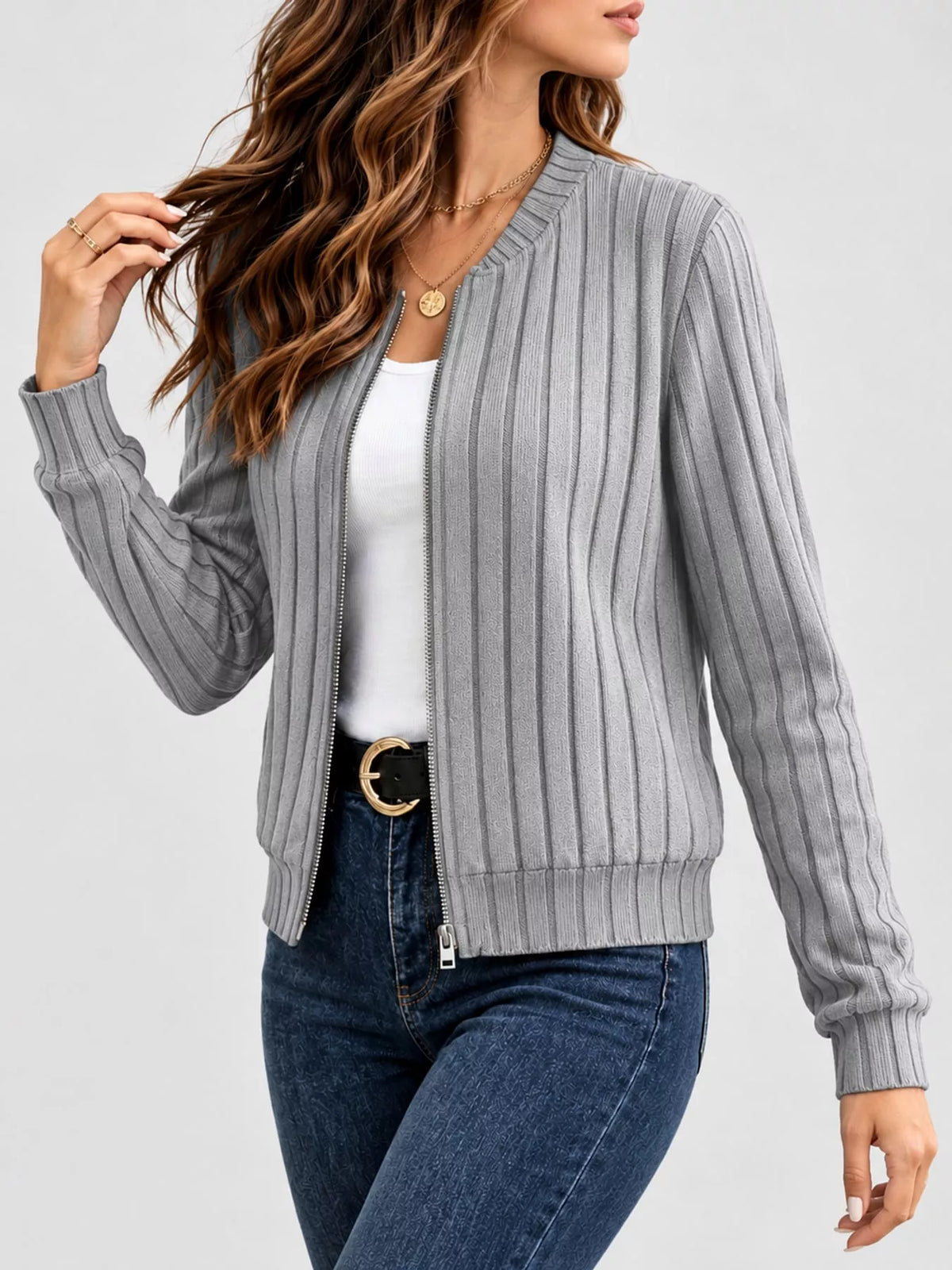 ribbed knit zip-up bomber jacket – zipper,ribbed fit | dropsona - neutral - usage example
